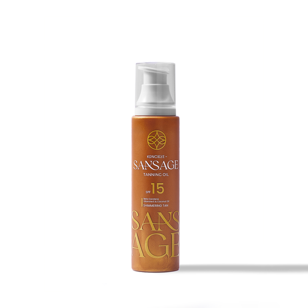 Sunsage tanning oil bottle with SPF 15 on a white background